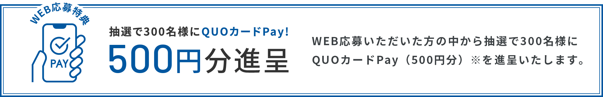 WEB応募いただいた方の中から抽選で300名様に QUOカードPay（500円分）※を進呈いたします。